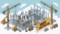 Isometric Construction Site with Cranes and Building Under Construction Royalty Free Stock Photo