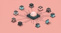 Isometric illustration depicting a central processing unit (CPU) surrounded by Royalty Free Stock Photo