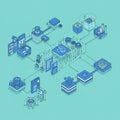 Isometric illustration depicting a digital data flow system. Various icons and symbols Royalty Free Stock Photo