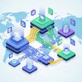An isometric illustration depicting a digital data network infrastructure Royalty Free Stock Photo