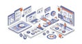 Isometric illustration depicting a digital workspace with multiple floating screens and Royalty Free Stock Photo
