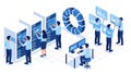 Isometric illustration of data scientists working with big data servers and analyzing business statistics on virtual screens. Royalty Free Stock Photo