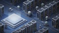 Isometric view of a futuristic data center with glowing central processor and server racks Royalty Free Stock Photo