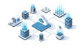 An isometric illustration of a cloud computing network with various servers and data storage devices Royalty Free Stock Photo
