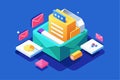 An isometric illustration depicts a colorful inbox filled with tasks and various mail icons for organization, Customizable