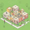 Isometric illustration depicts a modular school surrounded by greenery. The building Royalty Free Stock Photo