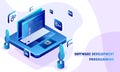 Isometric illustration of desktop with different programing lang Royalty Free Stock Photo