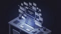Isometric illustration of a developers desk with a laptop and floating code windows depicting software development and Royalty Free Stock Photo