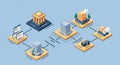 Isometric illustration of a digital content workflow. Central content pillar resembles a Royalty Free Stock Photo