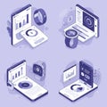 Isometric illustration of digital devices with financial and data analytics interfaces. Royalty Free Stock Photo