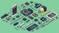 An isometric illustration of a disassembled smartphone with various tools and components Royalty Free Stock Photo