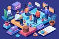 Isometric illustration of diverse people in office chatting and working on laptops, Chatting Customizable Isometric Illustration Royalty Free Stock Photo