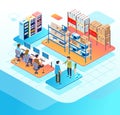 Isometric illustration of an e-commerce company, administrators work in an office, goods stock is in a warehouse, and a server to