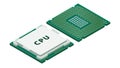 Isometric illustration explaining the front and back structure of a packaged CPU mounted on a circuit board for learning computer Royalty Free Stock Photo