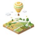 Isometric illustration of a farm landscape featuring a patchwork of crop fields, Royalty Free Stock Photo