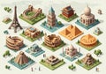 Isometric illustration featuring iconic global landmarks. Structures include the Eiffel Tower, Royalty Free Stock Photo