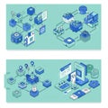 Isometric illustration featuring interconnected digital elements on a mint green Royalty Free Stock Photo