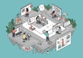 An isometric illustration of a floating digital workspace. People of various ages Royalty Free Stock Photo
