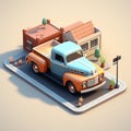 Isometric Illustration Of Ford F-series Truck Driving Through Charming Mid-century Town