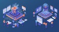 Isometric illustration of a futuristic data processing concept. On the left, a machine Royalty Free Stock Photo