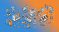 Isometric illustration of a futuristic recycling process. Various high-tech machines and Royalty Free Stock Photo