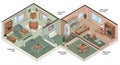 Isometric illustration of a house interior with two main sections. On the left, a living Royalty Free Stock Photo