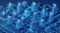 Isometric illustration of interconnected blue buildings forming a network grid representing data centers and digital Royalty Free Stock Photo