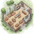 Isometric illustration of an interior layout featuring a modern dining Royalty Free Stock Photo