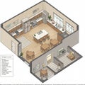 Isometric illustration of a kitchen layout featuring an open floor Royalty Free Stock Photo