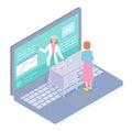 Isometric illustration of laptop, online medical laboratory, patient check results of tests