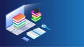 Isometric illustration of laptop with smartphone, mortarboard and book stack on blue. Royalty Free Stock Photo