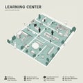Isometric illustration of a learning center layout, featuring various rooms labeled with