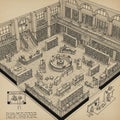 Isometric illustration of a library interior labeled \