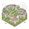 Isometric illustration of a modern, circular apartment complex with open interiors. The Royalty Free Stock Photo