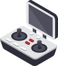Isometric illustration of a modern drone controller featuring dual joysticks and a built in screen, designed for precise