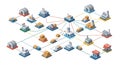 Isometric illustration of a modern interconnected network of buildings and industrial structures with red connection lines Royalty Free Stock Photo