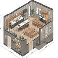 Isometric illustration of a modern open-plan kitchen and dining area measuring 455 Royalty Free Stock Photo