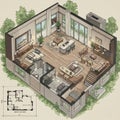 Isometric illustration of a modern, open-plan living space. The Royalty Free Stock Photo