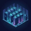Isometric illustration of a modern server room with glowing hardware Royalty Free Stock Photo