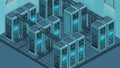Isometric illustration of modern server room with racks and cables Royalty Free Stock Photo