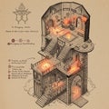 Isometric illustration of a multi-level medieval tower interior, featuring detailed rooms Royalty Free Stock Photo
