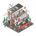 Isometric illustration of a multi-level office building. The scene includes employees at Royalty Free Stock Photo
