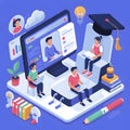 Isometric online education platform with students learning on laptops and books e-learning Royalty Free Stock Photo