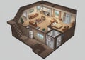 An isometric illustration of an open-concept basement apartment. Features include a Royalty Free Stock Photo