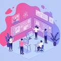 Isometric illustration of people in a tech workspace, immersed in virtual and Royalty Free Stock Photo