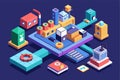 Isometric illustration of a product development process with different stages and connections, Product iteration Customizable Royalty Free Stock Photo