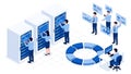 Isometric illustration of IT professionals managing data servers and analyzing business statistics. Royalty Free Stock Photo