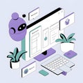 Isometric purple robot chatbot analyzing sentiment on computer screen with plants and laptop Royalty Free Stock Photo