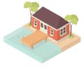 Isometric illustration: red house with a platform on the sandy shore of the lake