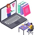 Isometric illustration representing a student attending an online lesson using a laptop and a desktop computer, with a